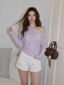 YUEZHONGWEI | French Irregular Asymmetric One Shoulder Purple Hollow Out Knitted Sweater