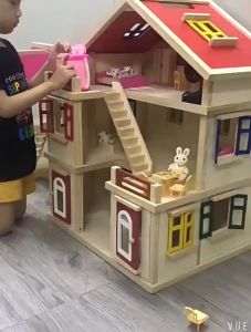 DIY บ้านไม้จำลอง🏩บ้านไม้ของเล่น พร้อมเฟอร์นิเจอร์ สีชมพู ของเล่นเสริมพัฒนาการ👧พร้อมส่ง