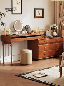 Luxurious Vintage Style Solid Wood Dressing Table Large Capacity Makeup Desk with Mirror And Drawer Bedroom Storage Cabinet