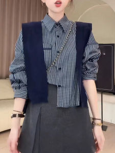 Shalldoer | Áo sơ mi kẻ caro phong cách Hàn Quốc thời trang đa năng mùa thu 2025 Áo khoác ngoài hai mảnh cho nữ Áo chui đầu thường ngày