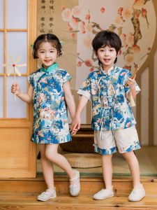Kids Chinese Style Short Sleeve Tang Suit Zhuazhou Clothes Baby Girl Cheongsam Dress Boy Summer Parent-Child Dress Modified Version Han Dynasty