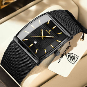 POEDAGAR Top Luxury Men Watch Stainless Steel Mesh Date Waterproof Luminous Man Wristwatch Casual Rectangle Quartz Mens Watches