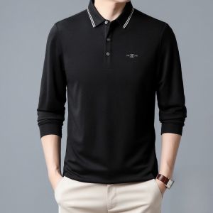 ROMON | Lormen Mens Silk Polo Shirt Long Sleeve Casual With Collar Autumn Fashion Urban Style Standard Fit Polyester Regency Fiber Cotton