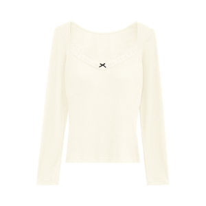 Sisters Warm Fleece Lined V Neck Lace Trim Bottom Shirt Winter Thermal Underwear Womens Sweet Style Pure Color Composite Fabric