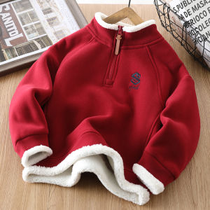 Boys Half-Zip Fleece Sweatshirt Camel down Base Layer Shirt Mid-Term Children Red Top Trendy Winter Warm Casual Kids Clothing