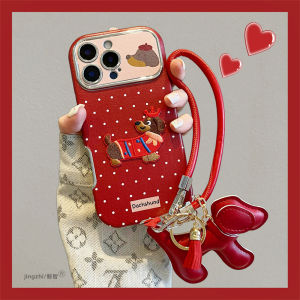 Red Wine Color Embroidered Leather iPhone 15 pro Max Compatible Sausage Dog Phone Case New Apple Models Protection 13 Compatible Trendy Small Baulque for Women with Lanyard Cute Design Envrionment Protection