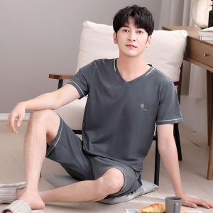 Mens Summer Pajamas Set Cotton Silk Short Sleeve Home Clothes Comfortable Breathable Sleepwear round Neck Print Design