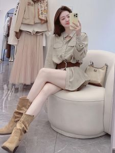 Autumn Winter Linen Shirt Womens Commute Fashion Kaki Color Wide Wife Elegant High Collar Button up Casual Office Wear