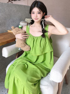 ชุดนอนผ้าไหมฝ้ายเทียมฤดูร้อนบางสำหรับผู้หญิง ชุดนอนบ้าน เสื้อผ้าคลุมศีรษะ กระโปรงยาว แขนกุด คอเหลี่ยม สีสันสดใส ความยาวปกติ