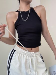 American Style Hot Girl Black Strap Short Crop Top Women Summer Outerwear Slim Fit Inner Match Beautiful Belly Buttonless Sleeveless Shirt