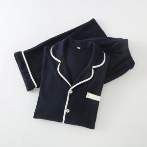 Mens Pure Color Knitted Long Sleeve Sleepwear Loose Fit Sweatpants Casual Home Clothes Set Spring Autumn Season Cotton Pajamas