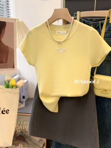 French Yellow Sweet Butterfly Knot Ice Silk Knitted Shirt Women Summer Embroidered Slim Fit Thin Base Shirt Elegant Top