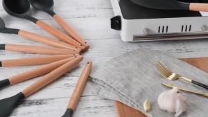 11PCS Silicone Kitchen Utensil Set Kitchen Cooking Tools Silicone Kitchenware Wooden Handles Non-stick Food Grade