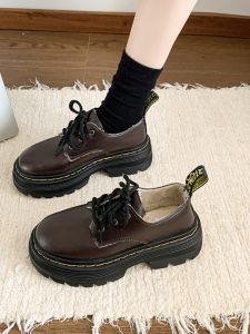 Womens College Style Lace-Up Miniature Leather Shoes Spring 2025 New Thick Bottom Heightening Loafers Brown Flats Casual round Toe