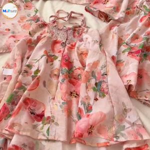 VÁY BÉ GÁI HAI DÂY MAXXI HOA HỒNG CHẤT TƠ SIÊU XINH - MT2485