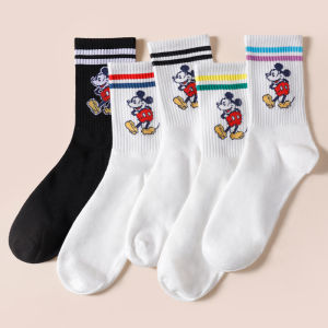 Disney | 5 Pairs of Korean Style Fashionable Disney Mickey Mouse Striped Socks With Cotton Print Cartoon Womens and Teenagers Socks