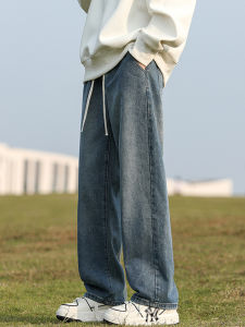 American Retro Washed Denim Jeans Mens Spring Autumn Trendy High Street Wide Leg Straight Loose Long Pants Cotton Polyester Blend