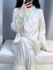 Original Design Silk Sleepwear V-neck Long Sleeve Thin Ice Silk Home Clothes Set for Women Light Green Spring Autumn Home