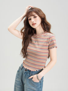 Áo Thun Nữ Tay Ngắn Ôm Vừa Vặn Cổ Tròn Họa Tiết Sọc Nhiều Màu Mùa Hè Phong Cách Mới Thiết Kế Ren Ngọt Ngào