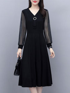 Elegant Black Long Sleeve Dress for Middle-Aged Mothers Spring Autumn New Style High-End plus Size Youthful Korean Version V-Neck A-Line Skirt