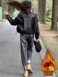 Plus Size Fleece-Lined Thicker Raddish-Shaped Jeans Womens Winter High Waist Petite Slim Looking Correction Ankle-Length Dad Harem Pants