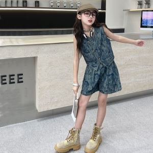 Cool Girls Clothing Print Denim Suit Summer Fashionable Stylish Sleeveless Vest Shorts Two-piece Set Fried Street