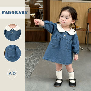 Autumn Style Girls Dress Cute Loose Doll Collar Long Sleeve Soft Denim Skirt Fashionable Princess Dress Trendy Childrens Clothing