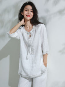 Miccbeirn | Retro Gold Thread Embroidery Pure Linen Womens Shirt Elegant Versatile White High-End Feel Artistic Temperament Casual Shirt