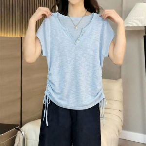 V.C.I | Lazy Loose V-Neck Drawstring Ruched T-Shirt Slim