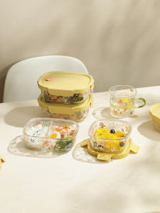 Blue Lotus Heatable Glass Lunch Box Office Meal Container Microwave Safe Cute Style One Layer High Borosilicate Glass