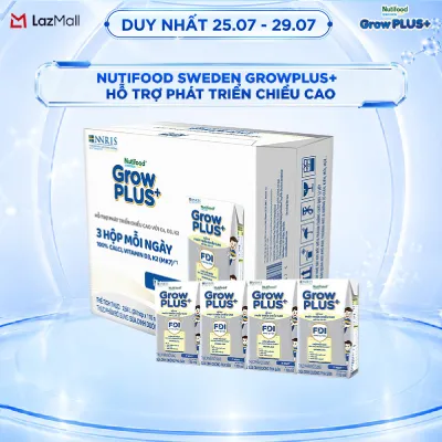 Sữa Bột Pha Sẵn Nutifood Sweden GrowPLUS+ Cao lớn vượt trội - Hỗ trợ phát triển chiều cao hộp 110 ml (24 hộp x 110ml)