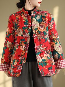 Thickened Cotton Jacket Large Flower Print Mid-aged And Elderly Womens Winter Coat Traditional Chinese Style Long Sleeve Stand Collar