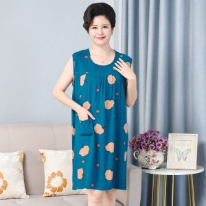 plus Size Summer Silk Cotton Ladies Nightgown Artificial Cotton Gown Midi Skirt Print Pattern round Neck Home Clothes