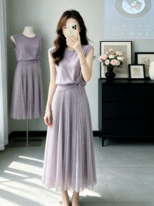 AICAILIN | Đầm Tím Xếp Ly Cổ Tròn Thắt Dây eo Phong Cách Pháp Sang Trọng