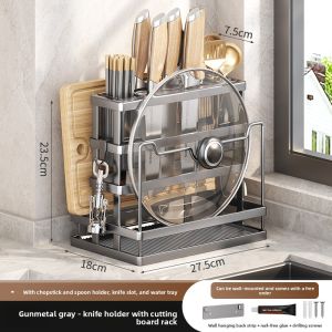 Stainless Steel Kitchen Storage Rack Multi-Function 304 Knife Holder Wall-Mounted No-Drilling Storage Shelf Anti-Mold