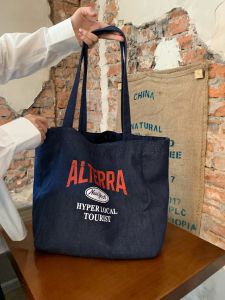 Large Capacity Canvas Shoulder Bag Embroidered Letter Denim Style Retro Lazy Aunty Commuter Tote Bag Casual Korean Style