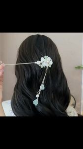 F4 Jepit Rambut Korea 17cm Bahan Alloy Ritme Kuno Bunga Giok Rumbai Tusuk Konde Logam Jurai TKAJ005