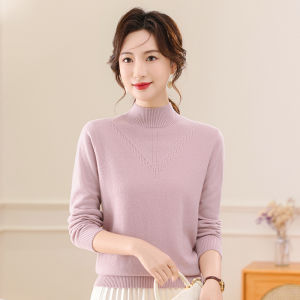 HENGYUANXIANG | เสื้อวูลคอสูงครึ่งตัวสีพื้นพร้อมลายปักเรขาคณิตและพลอยสำหรับแม่ ฤดูใบไม้ร่วง-หนาว