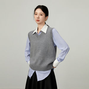 JAJP | Gray Knit Vest for Women Fall High-end Layering Shirt V-neck Pullover Sleeveless Sweater Top