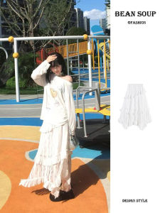 กระโปรงยาวผ่าหน้าเอวสูง กระโปรงทรงเค้ก ลายลูกไม้ กระโปรงสั้นผู้หญิง ฤดูร้อน 2024 กระโปรงทรงเอ ทรงเข้ารูป สีพื้น