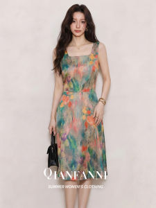 QFN | French Romantic Style Long Oil Painting Printed Slim Fit Dress