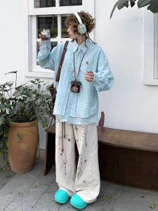 Blue Plaid Long Sleeve Shirt Jacket Womens Loose Sun Protection Casual Top Trendy Commute Style Button Placket Splicing Design