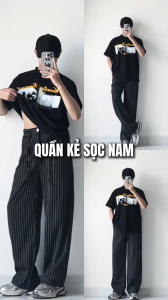 Quần Tây Ống Suông Kẻ Sọc Chất Tuysi Vải Mềm Thoáng Mát Có Dây Rút Cúc Khóa Quần Form Suông