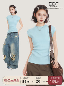 Blue Knitted Short Sleeve T-Shirt Women Summer Slim Fit Shoulder Length Half High Neck Small Flying Sleeve No Sleeve Top