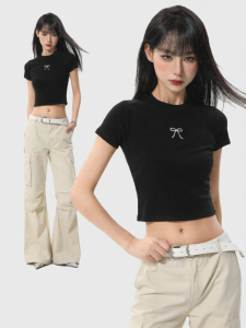 ARCG | Áo Crop Ngắn Tay Vintage Ôm Body Đen Cao Waist