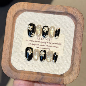 NAILCO | 10Pcs Short Oval Black Color Handmade Press on Nails White Floral Design False Nails Gold Embellished Elegant Cats Eye Manicure
