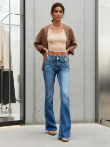 Trendy Y2k Jeans for Woman Double Button Blue Stretch Low Rise Flared Denim Pants Vintage Style Fashion Must Have