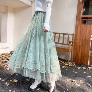 9755 Elezara Lace Elastic Waist Long Skirt