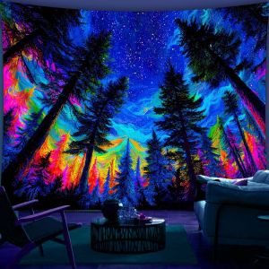 VIKAMA Neon Rừng Cây Thông Tấm Thảm Ảo Giác Nhiều Màu Sắc Treo Tường Cho Phòng Ngủ Ký Túc Xá Thẩm Mỹ Trang Trí Nhà Polyester