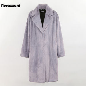 Nerazzurri Womens Long Coat Fake Rabbit Fur Jacket Winter Warm Stylish Commute Style Eco-friendly Furry Outerwear